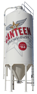 welded steel dry malt silo white in colour with a Canteen Brewery decal