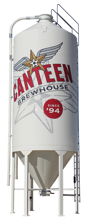 welded steel dry malt silo white in colour with a Canteen Brewery decal